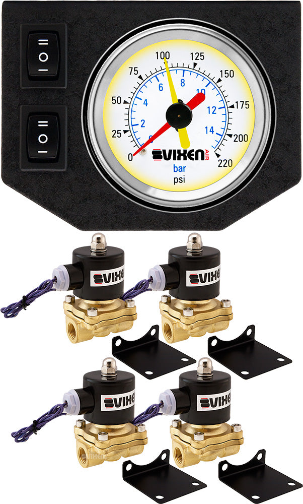 VIXEN AIR VXF1G2038W 3/8" NPT ELECTRIC AIR VALVE (SOLENOID) 210PSI 12V (4-PACK) WITH 1 DUAL NEEDLE GAUGE/2 SWITCH DASH PANEL KIT WHITE image 0