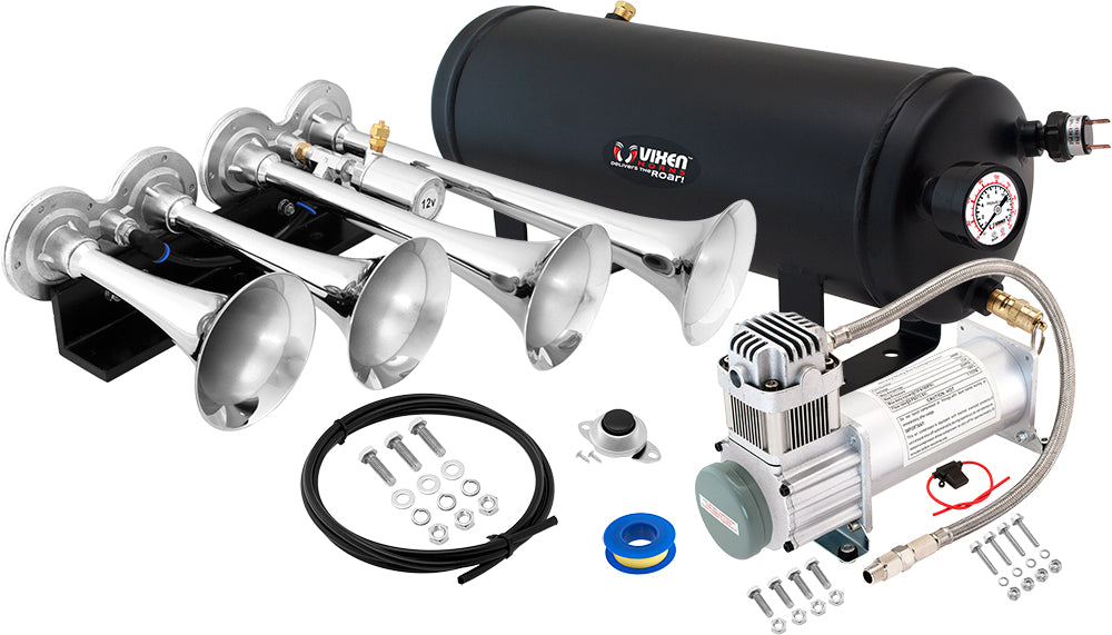 VIXEN HORNS VXO8315/4124C QUAD TRUMPET TRAIN AIR HORN CHROME PLATED WITH 1.5 GALLON TANK AND 200 PSI COMPRESSOR image 0