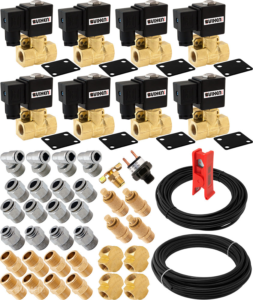 VIXEN AIR VXK3805H 3/8" NPT AIR RIDE SUSPENSION HIGH FLOW ELECTRIC AIR VALVES/SOLENOIDS 250 PSI FOUR CORNERS WITH FITTINGS AND HOSES image 0