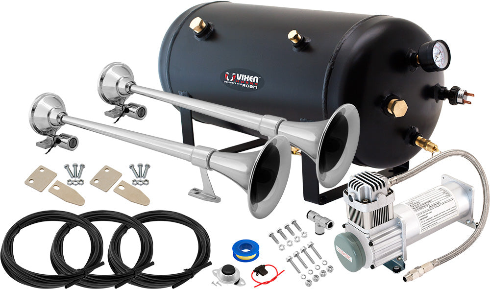 VIXEN HORNS VXO8350/11642 DUAL TRUMPET TRAIN AIR HORN CHROME PLATED WITH 5 GALLON TANK AND 200 PSI COMPRESSOR image 0