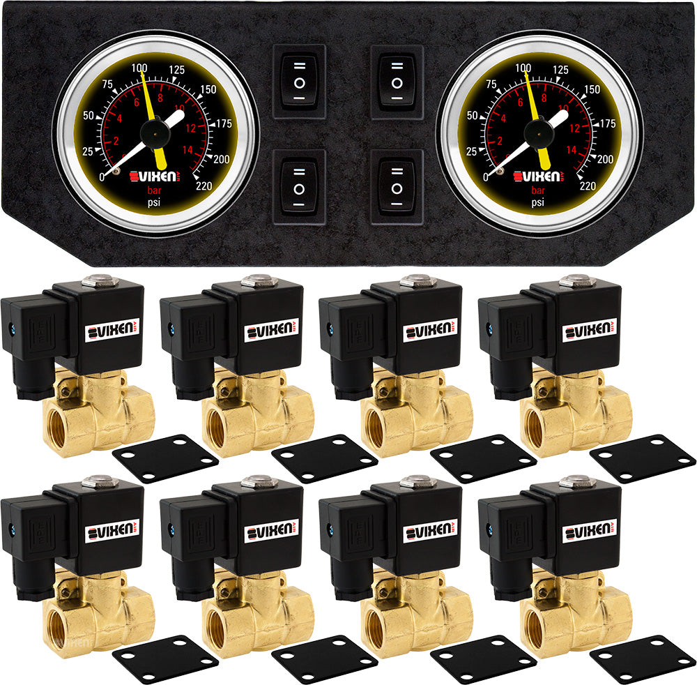 VIXEN AIR VXF2G4012B 1/2" NPT ELECTRIC AIR VALVE (SOLENOID) 250PSI 12V (8-PACK) WITH 2 DUAL NEEDLE GAUGES/4 SWITCH DASH PANEL KIT BLACK image 0