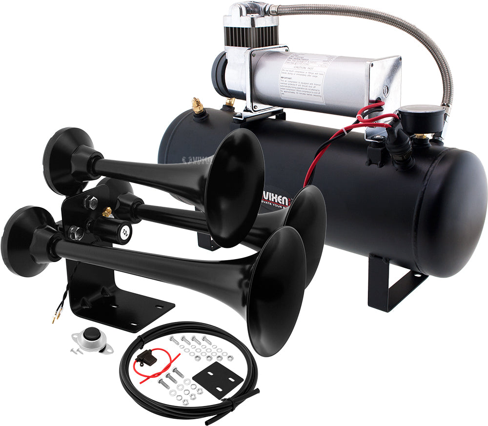 VIXEN HORNS VXO8580/3318B TRIPLE TRUMPET TRAIN AIR HORN BLACK WITH 2.5 GALLON TANK AND 200 PSI COMPRESSOR image 0