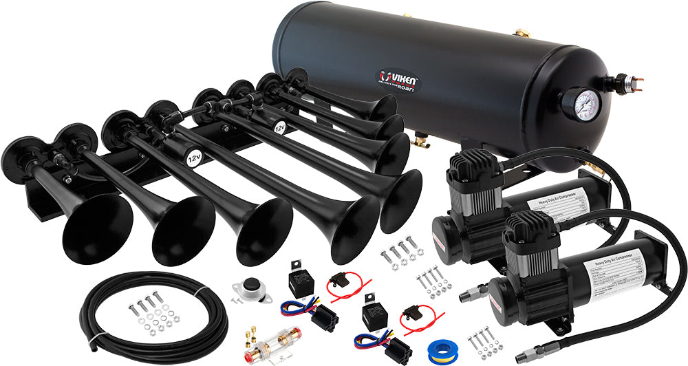 VIXEN HORNS OCTOPOD™ VXO8330BDP/8124XB OCTO TRUMPET TRAIN AIR HORN BLACK WITH 3 GALLON TANK AND DUAL 200 PSI COMPRESSOR image 0