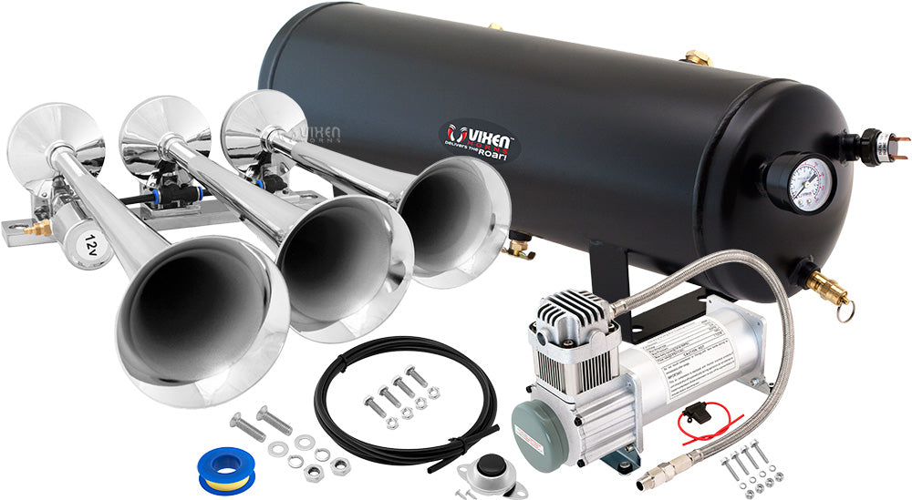 VIXEN HORNS VXO8330/3118 TRIPLE TRUMPET TRAIN AIR HORN CHROME PLATED WITH 3 GALLON TANK AND 200 PSI COMPRESSOR image 0