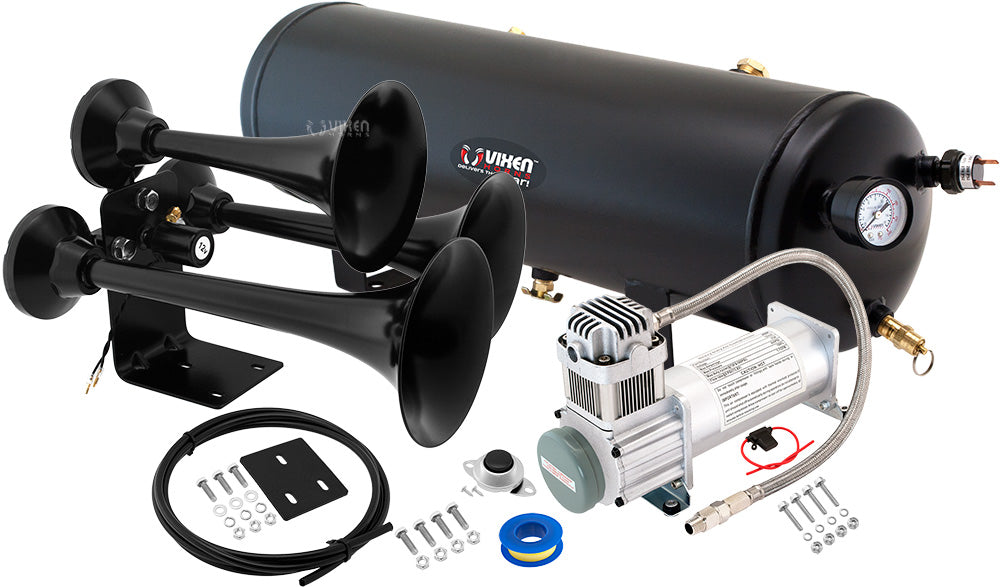 VIXEN HORNS VXO8330/3318B TRIPLE TRUMPET TRAIN AIR HORN BLACK WITH 3 GALLON TANK AND 200 PSI COMPRESSOR image 0