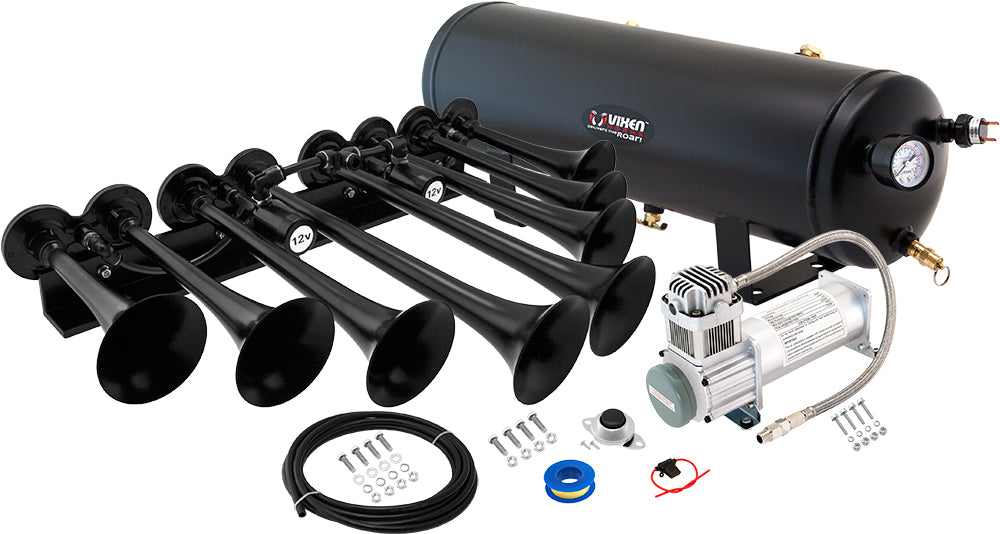 VIXEN HORNS OCTOPOD™ VXO8330/8124XB OCTO TRUMPET TRAIN AIR HORN BLACK WITH 3 GALLON TANK AND 200 PSI COMPRESSOR image 0