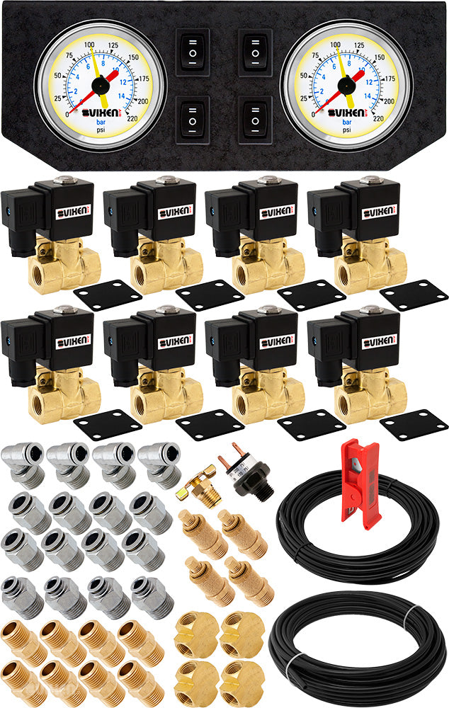 VIXEN AIR VXK3805GW 3/8" NPT AIR RIDE SUSPENSION HIGH FLOW AIR VALVES/SOLENOIDS 250 PSI FOUR CORNERS WITH DUAL WHITE GAUGE, FITTINGS AND HOSES image 0