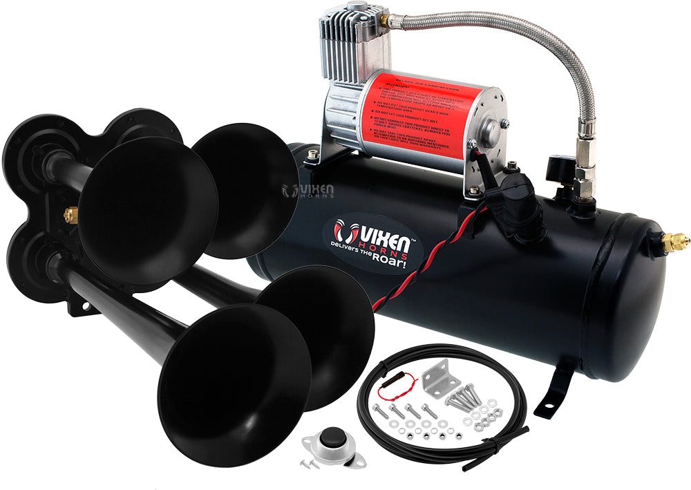 VIXEN HORNS VXO8530/4114B QUAD TRUMPET TRAIN AIR HORN BLACK WITH 1.5 GALLON TANK AND 150 PSI COMPRESSOR image 0