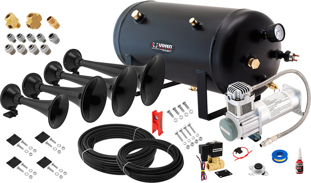 VIXEN HORNS VXO8350/4901B QUAD TRUMPET ABS TRAIN AIR HORN BLACK WITH 5 GALLON TANK AND 200 PSI COMPRESSOR image 0