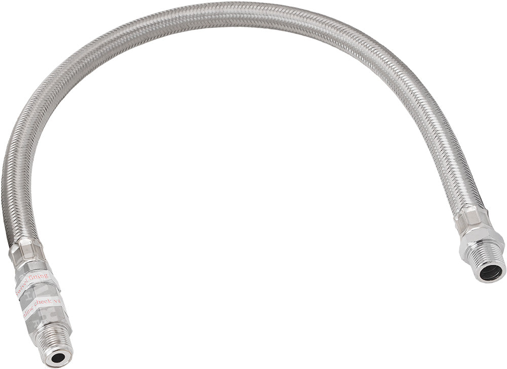 VIXEN HORNS VXA7336 STAINLESS STEEL BRAIDED LEADER HOSE WITH CHECK VALVE 3/8" TO 3/8" MALE NPT 24" CHROME COLOR image 0