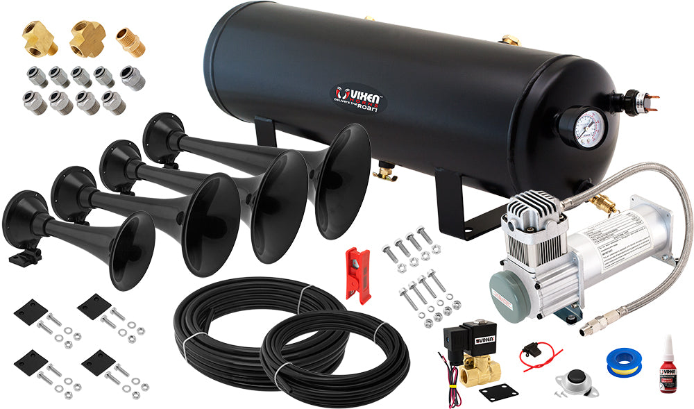 VIXEN HORNS VXO8330/4901B QUAD TRUMPET ABS TRAIN AIR HORN BLACK WITH 3 GALLON TANK AND 200 PSI COMPRESSOR image 0