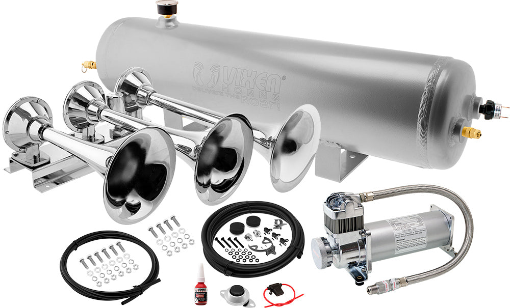 VIXEN HORNS VXO8330APRO/3418C TRIPLE TRUMPET TRAIN AIR HORN CHROME PLATED WITH 3 GALLON ALUMINUM TANK AND 200 PSI COMPRESSOR image 0