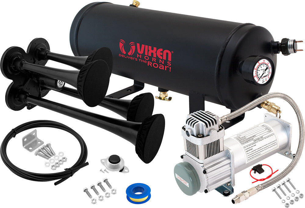 VIXEN HORNS VXO8315/4114B/P QUAD TRUMPET TRAIN AIR HORN WITH COVERS BLACK, 1.5 GALLON TANK AND 200 PSI COMPRESSOR image 0