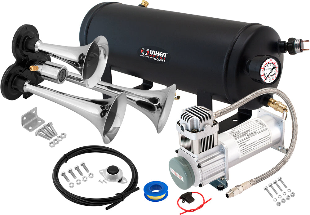 VIXEN HORNS VXO8315/3311C TRIPLE TRUMPET TRAIN AIR HORN CHROME PLATED WITH 1.5 GALLON TANK AND 200 PSI COMPRESSOR image 0