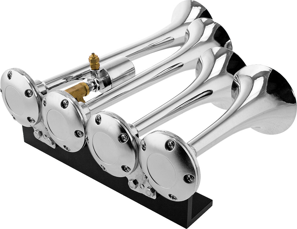 VIXEN HORNS VXH4124C/P FOUR TRUMPET TRAIN AIR HORN WITH COVERS CHROME PLATED WITH BLACK BASE image 2