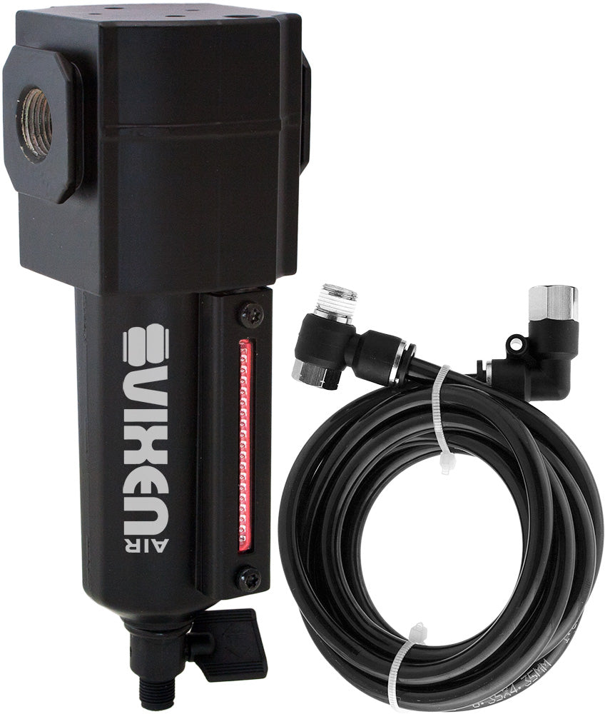 VIXEN AIR VXF3938BR 3/8" NPT IN-LINE ALUMINUM AIR FILTER/WATER TRAP WITH REMOTE DRAIN KIT BLACK image 0