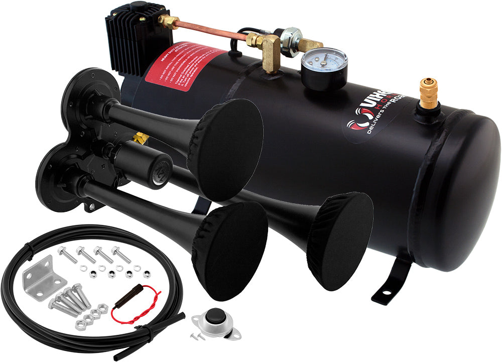 VIXEN HORNS VXO8210/3311B TRIPLE TRUMPET TRAIN AIR HORN WITH COVERS BLACK, 1 GALLON TANK AND 150 PSI COMPRESSOR image 0