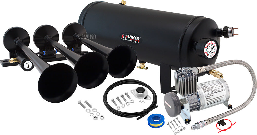 VIXEN HORNS VXO8815/3118B TRIPLE TRUMPET TRAIN AIR HORN BLACK WITH 1.5 GALLON TANK AND 150 PSI COMPRESSOR image 0