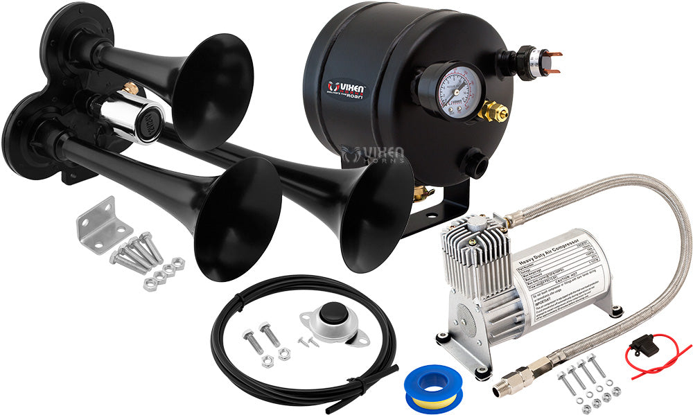 VIXEN HORNS VXO8705/3311B TRIPLE TRUMPET TRAIN AIR HORN BLACK WITH 0.5 GALLON TANK AND 150 PSI COMPRESSOR image 0