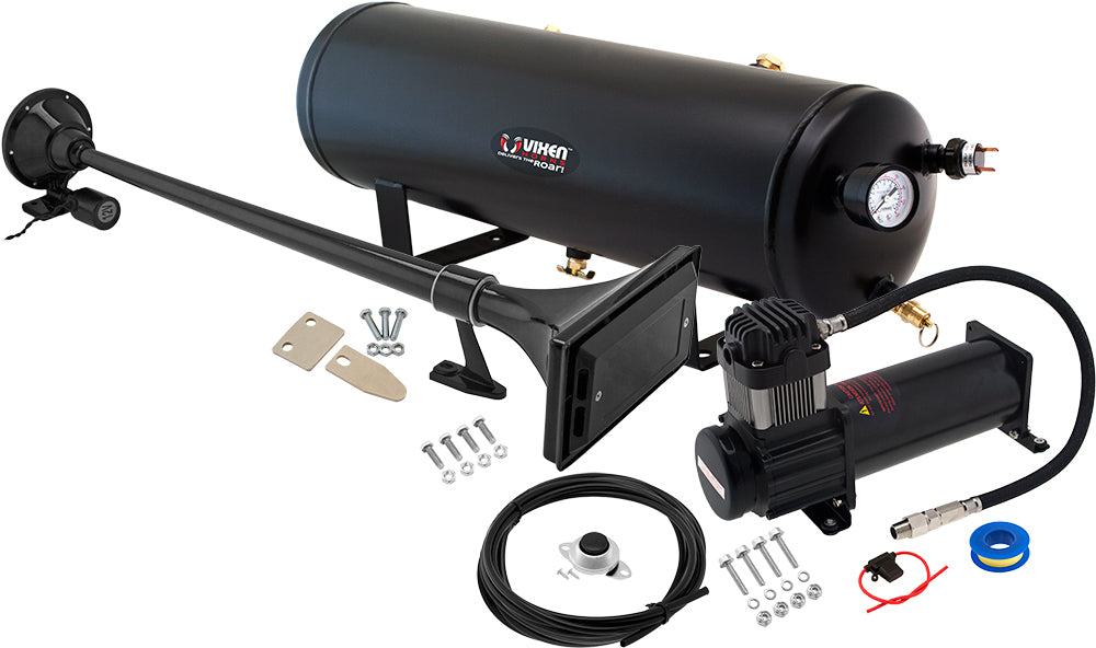 VIXEN HORNS VXO8330B/1167B SINGLE TRUMPET TRAIN AIR HORN BLACK WITH 3 GALLON TANK AND 200 PSI COMPRESSOR image 0