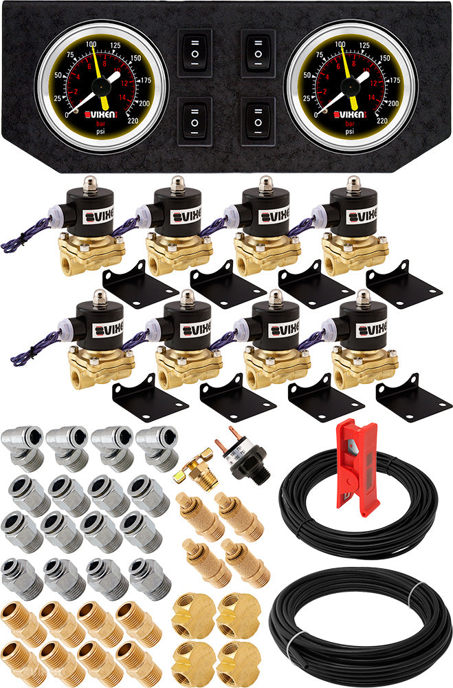 VIXEN AIR VXK3804GB 3/8" NPT AIR RIDE SUSPENSION HIGH FLOW AIR VALVES/SOLENOIDS 210 PSI FOUR CORNERS WITH DUAL BLACK GAUGE, FITTINGS AND HOSES image 0