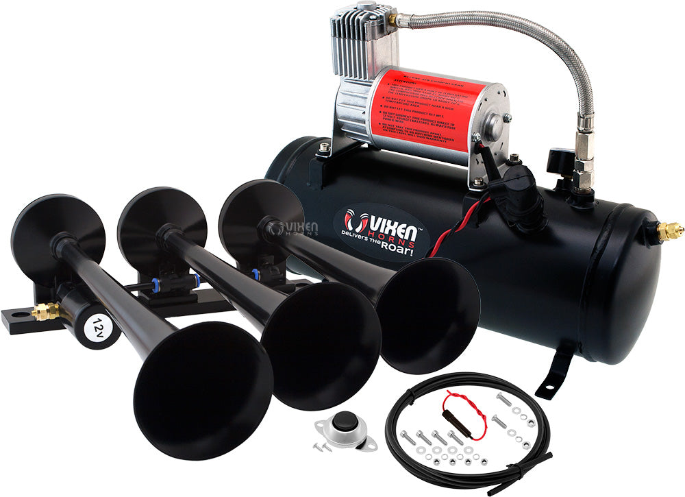 VIXEN HORNS VXO8530/3118B TRIPLE TRUMPET TRAIN AIR HORN BLACK WITH 1.5 GALLON TANK AND 150 PSI COMPRESSOR image 0