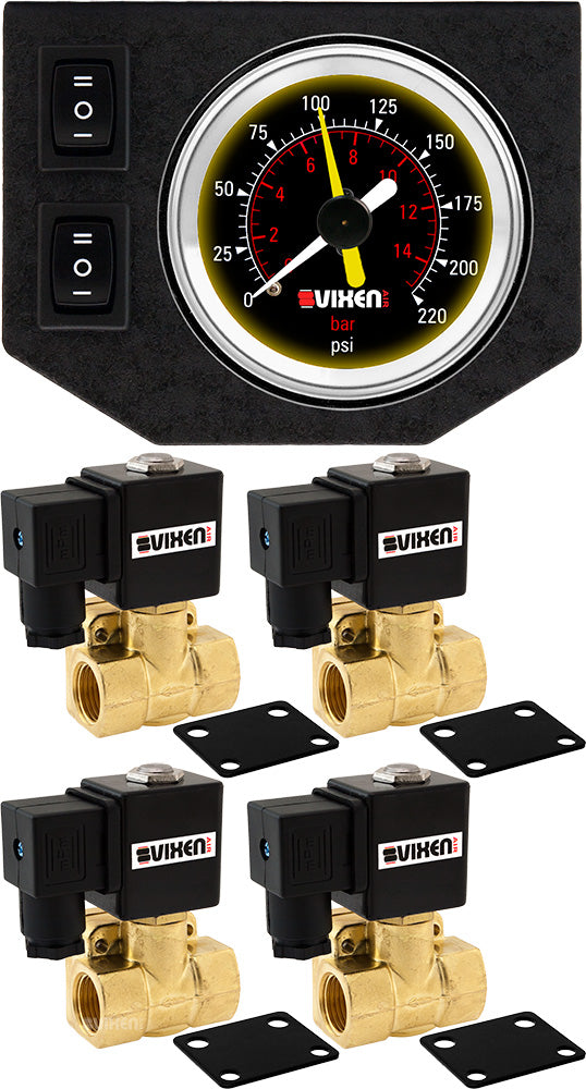 VIXEN AIR VXF1G4012B 1/2" NPT ELECTRIC AIR VALVE (SOLENOID) 250PSI 12V (4-PACK) WITH 1 DUAL NEEDLE GAUGE/2 SWITCH DASH PANEL KIT BLACK image 0