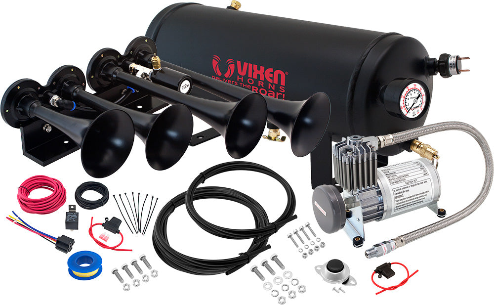 VIXEN HORNS VXPRO8524B QUAD TRUMPET TRAIN AIR HORN BLACK WITH 1.5 GALLON TANK AND 150 PSI COMPRESSOR image 0