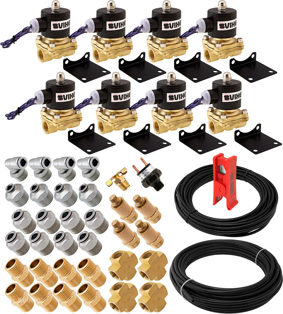 VIXEN AIR VXK1204H 1/2" NPT AIR RIDE SUSPENSION HIGH FLOW ELECTRIC AIR VALVES/SOLENOIDS 210 PSI FOUR CORNERS WITH FITTINGS AND HOSES image 0