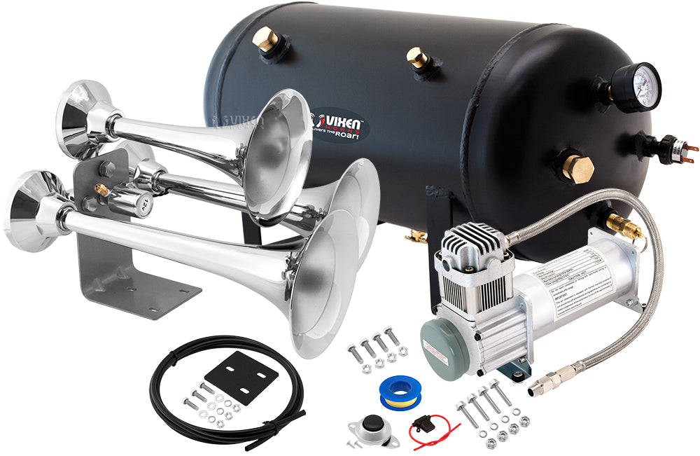 VIXEN HORNS VXO8350/3318C TRIPLE TRUMPET TRAIN AIR HORN CHROME PLATED WITH 5 GALLON TANK AND 200 PSI COMPRESSOR image 0