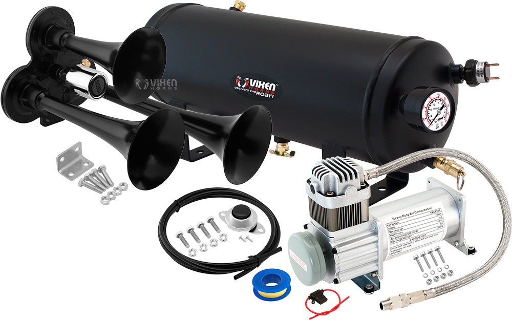 VIXEN HORNS VXO8115/3311B TRIPLE TRUMPET TRAIN AIR HORN BLACK WITH 1.5 GALLON TANK AND 150 PSI COMPRESSOR image 0