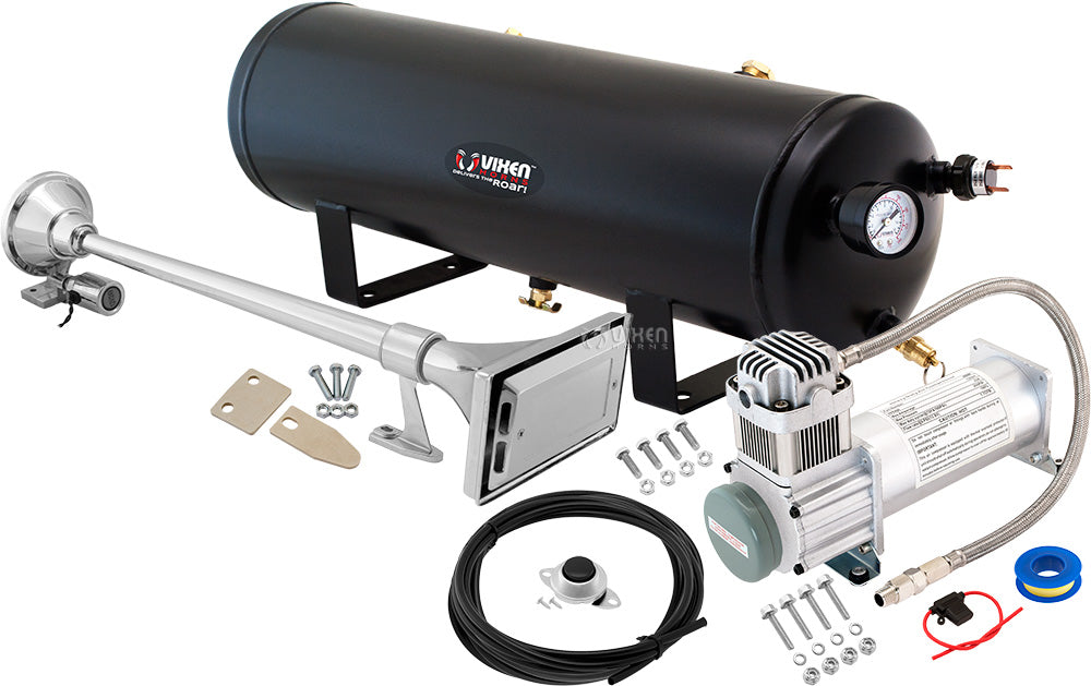 VIXEN HORNS VXO8330/1264 SINGLE TRUMPET TRAIN AIR HORN CHROME PLATED WITH 3 GALLON TANK AND 200 PSI COMPRESSOR image 0