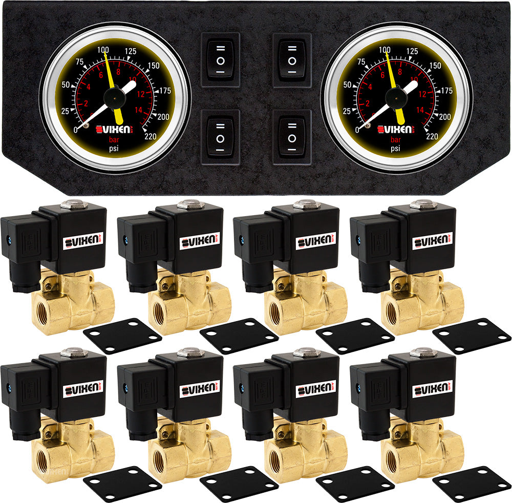 VIXEN AIR VXF2G4038B 3/8" NPT ELECTRIC AIR VALVE (SOLENOID) 250PSI 12V (8-PACK) WITH 2 DUAL NEEDLE GAUGES/4 SWITCH DASH PANEL KIT BLACK image 0