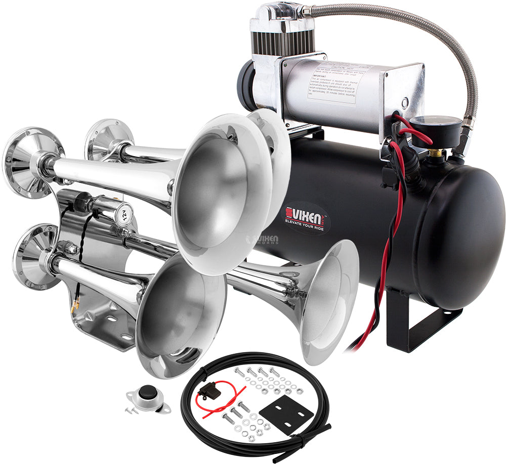 VIXEN HORNS VXO8560/4318C QUAD TRUMPET TRAIN AIR HORN CHROME PLATED WITH 2 GALLON TANK AND 150 PSI COMPRESSOR image 0
