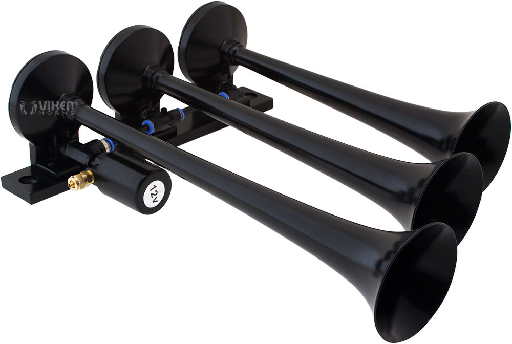VIXEN HORNS VXO8715/3118B TRIPLE TRUMPET TRAIN AIR HORN BLACK WITH 1.5 GALLON TANK AND 150 PSI COMPRESSOR image 1