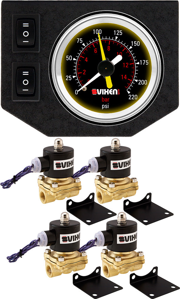 VIXEN AIR VXF1G2038B 3/8" NPT ELECTRIC AIR VALVE (SOLENOID) 210PSI 12V (4-PACK) WITH 1 DUAL NEEDLE GAUGE/2 SWITCH DASH PANEL KIT BLACK image 0