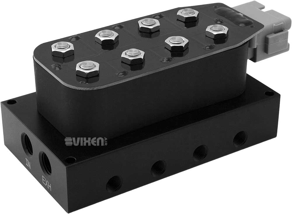 VIXEN AIR VXF4CM0125W 8 VALVE SUSPENSION MANIFOLD WITH FOUR AIR SPRINGS, TWO DUAL NEEDLE WHITE GAUGES, 3/8" OD HOSE 100 FT, 1/4" OD HOSE 50 FT AND FITTINGS image 2