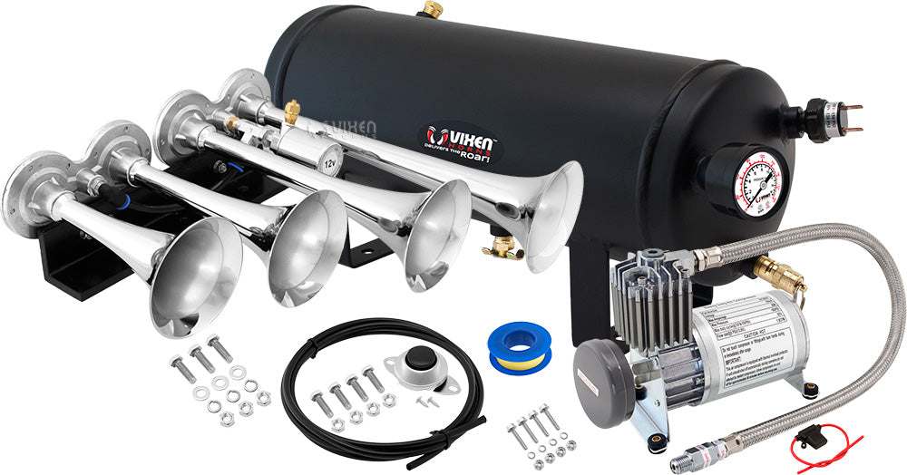 VIXEN HORNS VXO8815/4124C QUAD TRUMPET TRAIN AIR HORN CHROME PLATED WITH 1.5 GALLON TANK AND 150 PSI COMPRESSOR image 0
