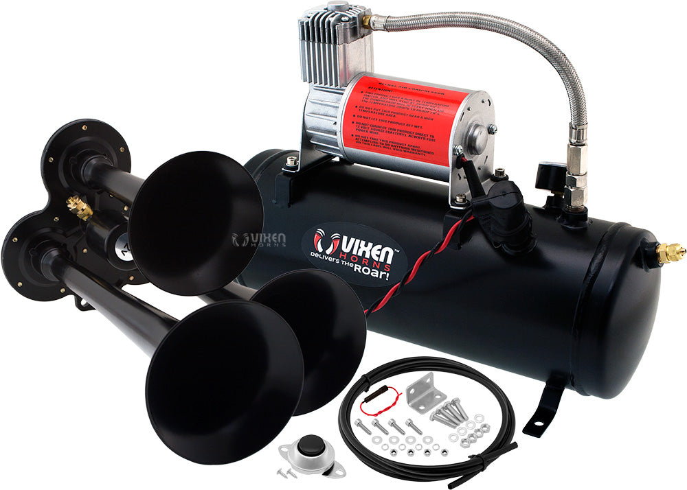 VIXEN HORNS VXO8530/3114B TRIPLE TRUMPET TRAIN AIR HORN BLACK WITH 1.5 GALLON TANK AND 150 PSI COMPRESSOR image 0