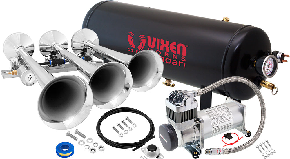 VIXEN HORNS VXO8325/3118 TRIPLE TRUMPET TRAIN AIR HORN CHROME PLATED WITH 2.5 GALLON TANK AND 200 PSI COMPRESSOR image 0
