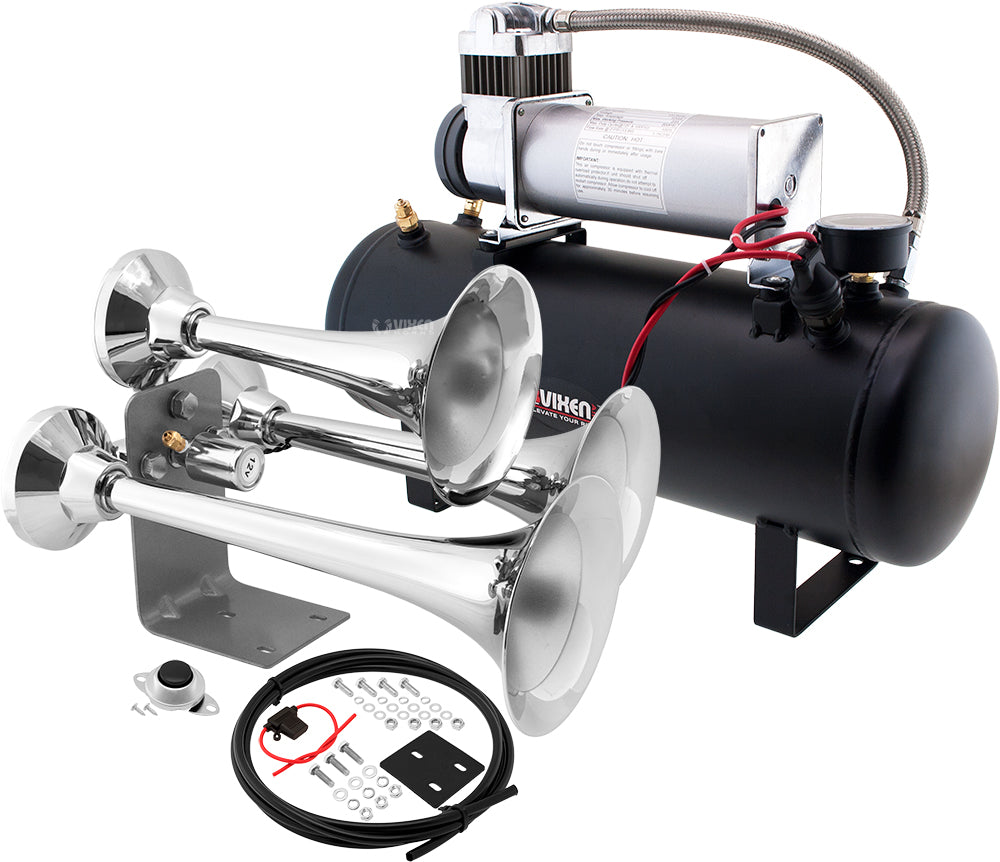 VIXEN HORNS VXO8580/3318C TRIPLE TRUMPET TRAIN AIR HORN CHROME PLATED WITH 2.5 GALLON TANK AND 200 PSI COMPRESSOR image 0