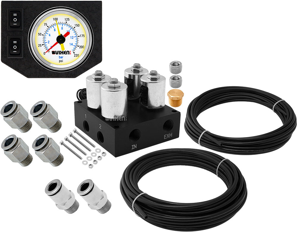 VIXEN AIR VXF2CM01W 4 VALVE SUSPENSION MANIFOLD WITH ONE DUAL NEEDLE WHITE GAUGE PANEL, 3/8" OD HOSE 50 FT, 1/4" OD HOSE 35 FT AND FITTINGS image 0