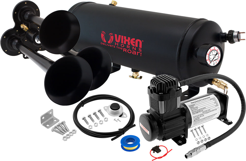 VIXEN HORNS VXO8115B/3114B TRIPLE TRUMPET TRAIN AIR HORN BLACK WITH 1.5 GALLON TANK AND 150 PSI COMPRESSOR image 0