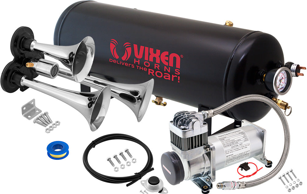 VIXEN HORNS VXO8325/3311C TRIPLE TRUMPET TRAIN AIR HORN CHROME PLATED WITH 2.5 GALLON TANK AND 200 PSI COMPRESSOR image 0