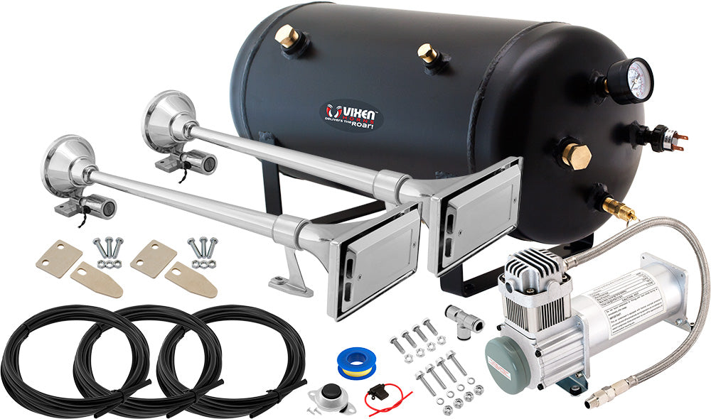 VIXEN HORNS VXO8350/12642 DUAL TRUMPET TRAIN AIR HORN CHROME PLATED WITH 5 GALLON TANK AND 200 PSI COMPRESSOR image 0