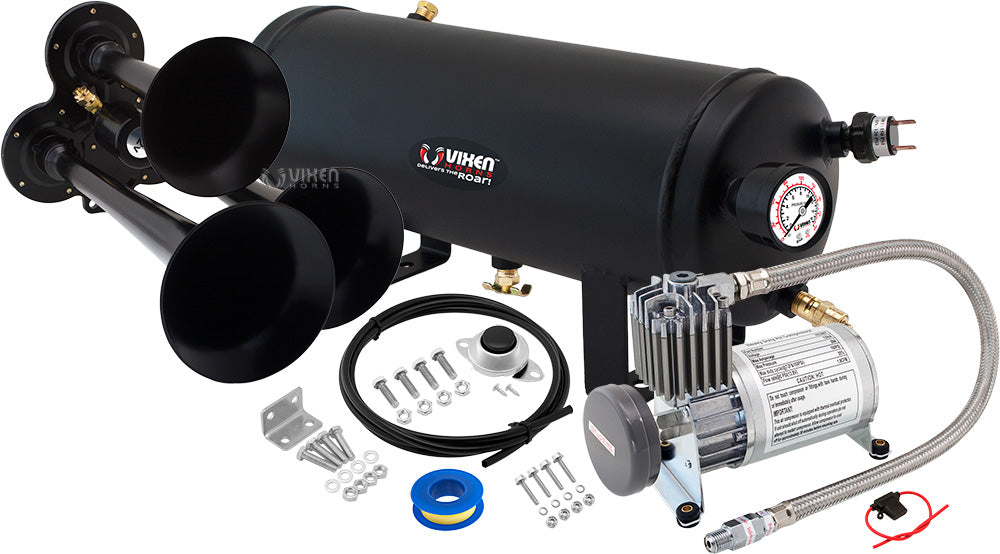 VIXEN HORNS VXO8815/3114B TRIPLE TRUMPET TRAIN AIR HORN BLACK WITH 1.5 GALLON TANK AND 150 PSI COMPRESSOR image 0