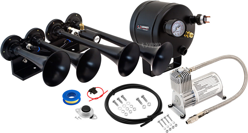 VIXEN HORNS VXO8705/4124B QUAD TRUMPET TRAIN AIR HORN BLACK WITH 0.5 GALLON TANK AND 150 PSI COMPRESSOR image 0