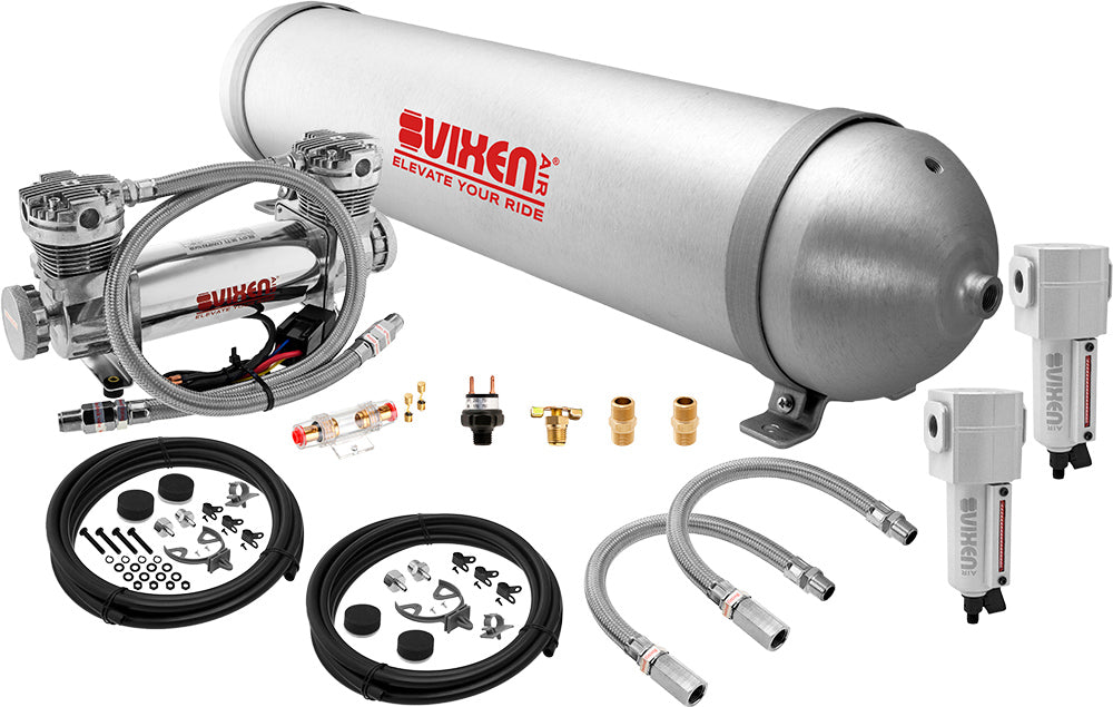 VIXEN AIR VXO8850DCF 5 GALLON ALUMINUM AIR TANK WITH DUAL CYLINDER 300 PSI AIR COMPRESSOR ONBOARD AIR SYSTEM image 0