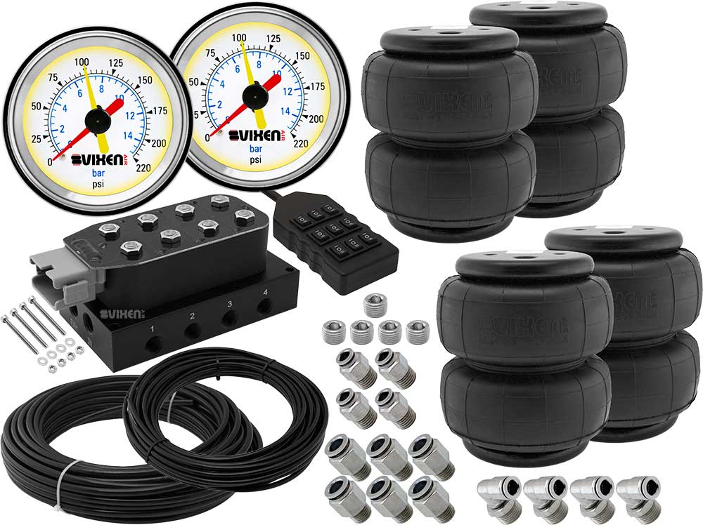 VIXEN AIR VXF4CM0126W 8 VALVE SUSPENSION MANIFOLD WITH FOUR AIR SPRINGS, TWO DUAL NEEDLE WHITE GAUGES, 3/8" OD HOSE 100 FT, 1/4" OD HOSE 50 FT AND FITTINGS image 0