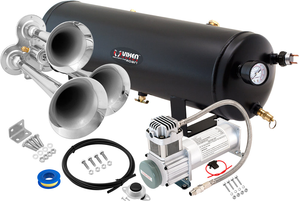 VIXEN HORNS VXO8330/3114C TRIPLE TRUMPET TRAIN AIR HORN CHROME PLATED WITH 3 GALLON TANK AND 200 PSI COMPRESSOR image 0